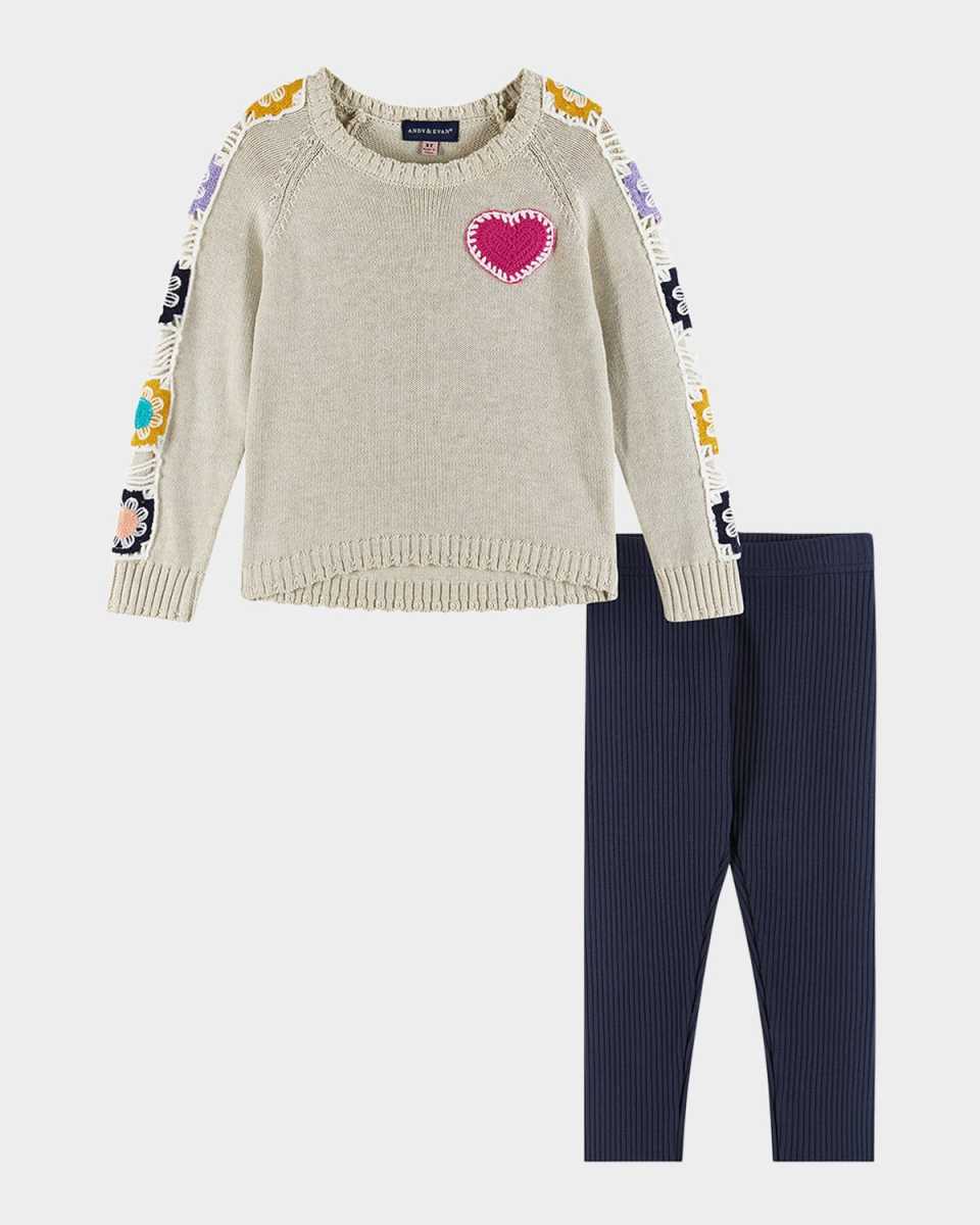 Girl's Sweater W/ Crochet Patches & Jeggings Set, Size 2T-